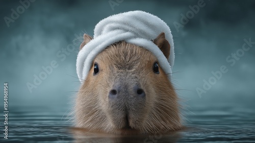 Cute capybara soaking in hot spring with towel on head, relaxation and spa concept.