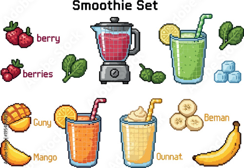 Pixel art smoothie set with fruits, blender, and healthy drinks in vibrant colors, perfect for summer refreshments and recipe illustrations