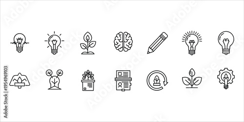 Collection of black and white icons representing ideas and innovation