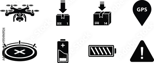 Minimalist vector drone delivery icons close up showing quadcopter dropping package on landing pad with gps marker battery and warning symbols set for a coloring book