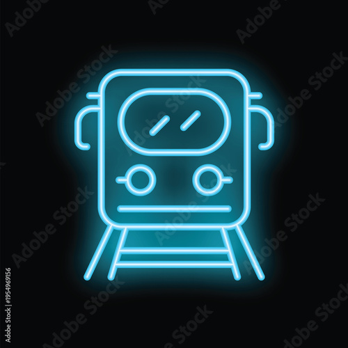 Neon blue train icon glowing on dark background, representing public transport, urban commuting and city life