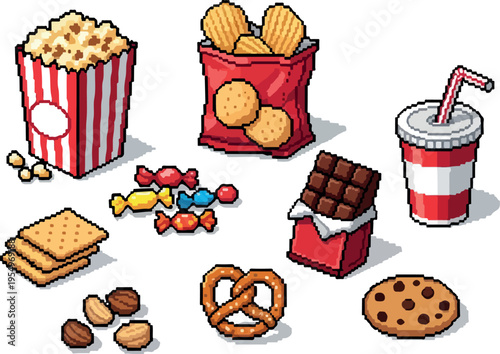 Assortment of pixel art snacks and beverages, including popcorn, chips, cookies, chocolate, candies, and a soda cup