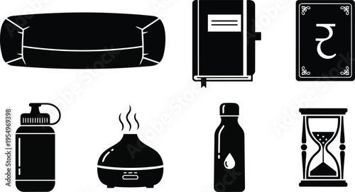 Vector art coloring book page showing yoga bolster close up water bottle foam roller diffuser notebook rupee card hourglass juice bottle simple black white line icons