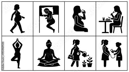 Pregnancy Lifestyle Vector Icons – Wellness, Nutrition, Rest & Medical Care