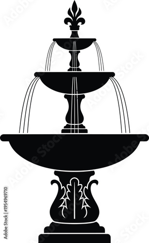 Black Silhouette of Classic Ornate Two Tiered Fountain