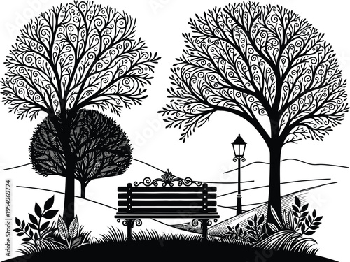 Peaceful Park Bench Under Autumn Trees with Falling Leaves Illustration