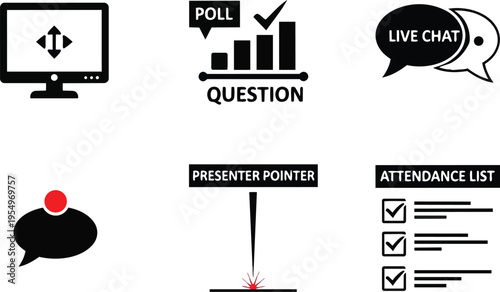 Flat vector icon set close up presenter tools speech bubble poll attendance list presenter pointer monitor and live chat icons for coloring book pages educational print