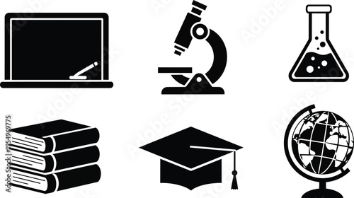 Minimalist vector icons close up education symbols laptop microscope flask books graduation cap globe set for coloring book bold outline simple shapes isolated white background clean