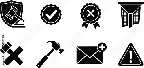 Flat icon line art coloring book page set of law and notification symbols with gavel shield ribbon envelope hammer warning triangle simple bold outlines for tracing