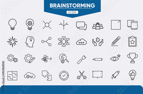 Brainstorming and Creative Thinking Line Icon Set: Mind Map, Idea Generation, Team Collaboration and Innovation Symbols