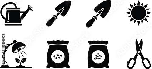 Minimalist black gardening tool icons set for coloring book shovel watering can scissors trowel seeds sun lamp seed bag simple outline vector line art icons collection
