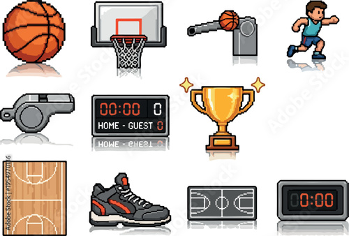 Collection of pixel art icons representing basketball equipment, sports gear, and game elements for digital and print media