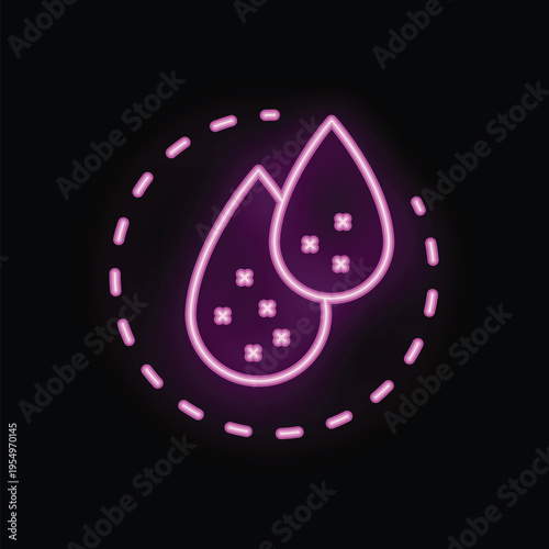 Neon icon of two water drops with microbes inside, representing polluted water and health hazard