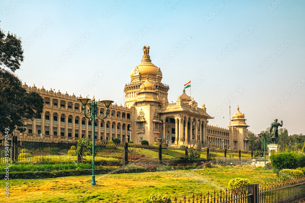 Fototapeta premium The Vidhana Soudha in Bangalore, tourist attraction of India. The seat of the state legislature of Karnataka