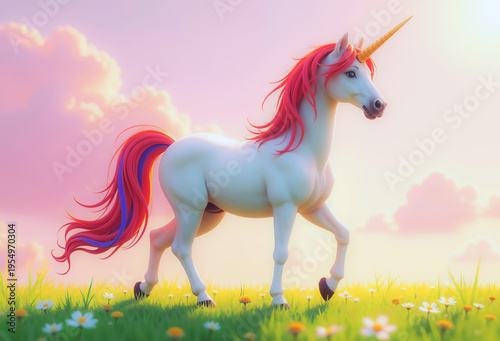 A multi-colored white unicorn with a red mane walks through a field of flowers.