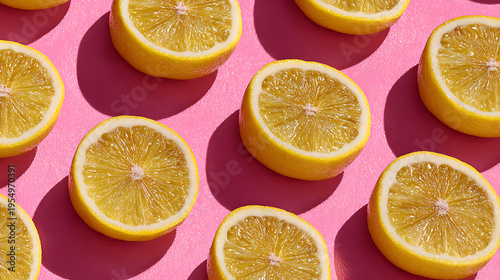 Fresh lemon halves on pink background creating bright repeating pattern, vibrant mood
