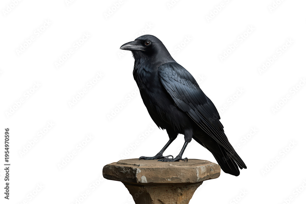 Obraz premium Black common raven perched on stone pedestal, symbolizing mystery, intelligence, and dark omens with transparent background
