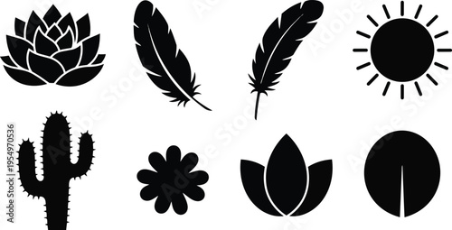 Minimalist vector art coloring book page lotus feather cactus sun simple botanical icons in bold outline for tracing and hand coloring playful peaceful meditative relaxing decorative