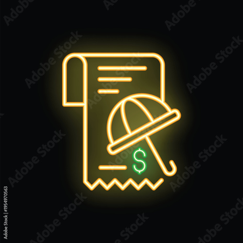 Neon sign representing financial security with umbrella protecting money on invoice