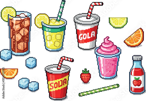 A vibrant pixel art collection of refreshing beverages and fruity garnishes, perfect for digital designs