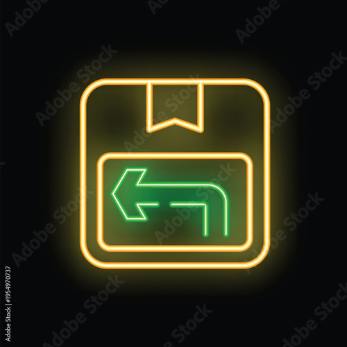 Neon glowing icon of gps navigation showing planned route with left turn on black brick wall