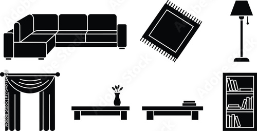 Minimalist black and white vector art living room furniture set for coloring book corner sofa low tables rug floor lamp curtains bookcase vase books simple outline