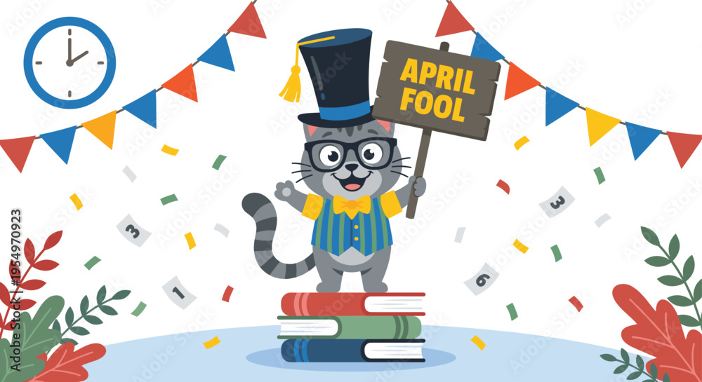 Fototapeta premium Cute cartoon cat wearing graduation hat and glasses holding april fools day sign standing on books with colorful confetti and banners