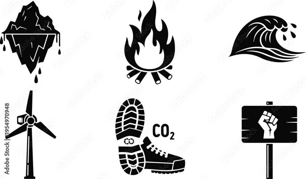 Fototapeta premium Vector art environmental icons set for coloring book melt iceberg campfire ocean wave wind turbine footprint protest sign bold outlines page simple stroke friendly educational printable