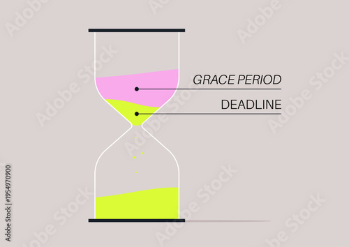 An hourglass illustrates the concept of a grace period, where colorful sand flows between two sections, marking the transition from deadline to grace, emphasizing time's significance.