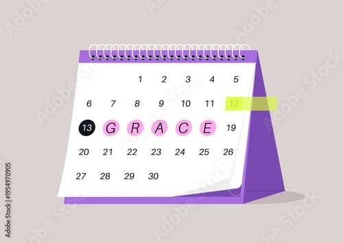 A vibrant calendar stands with a significant date marked to indicate a grace period, offering a pause in the bustle of daily life, The calendar is playful and bright.