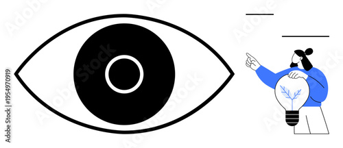 Innovation, vision, problem-solving, creativity, idea generation, focus. Eye symbol next to a person holding a lightbulb. Vision and creativity metaphor for innovation and progress