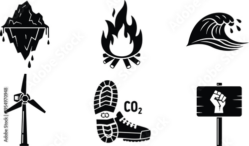 Vector art environmental icons set for coloring book melt iceberg campfire ocean wave wind turbine footprint protest sign bold outlines page simple stroke friendly educational printable