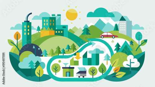 Sustainable green city concept with circular economy arrows, eco-friendly urban planning with renewable energy and nature, flat vector illustration.