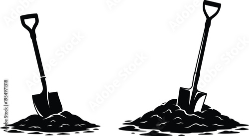 Black silhouette garden shovels standing in piles of rich earth on a clean white backdrop
