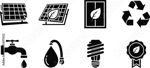 Vector line art icons set of eight eco symbols solar panels water drop faucet recycling light bulb leaf badge arranged in two rows for coloring book