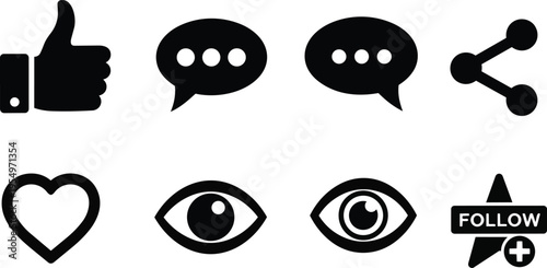 Flat icon set front view social media symbols like thumbs up chat bubbles share heart eye follow badge for coloring book simple outline style