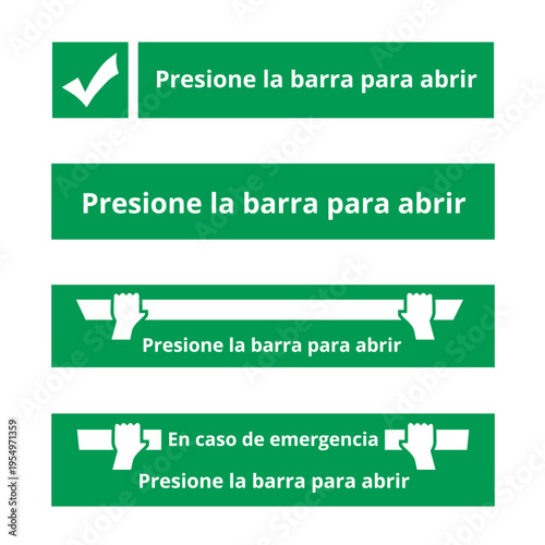 Green presiona la barra para abrir signs isolated on a white background (trad push bar to open)