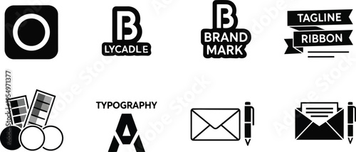 Flat icon set close up brand identity elements envelope pen ribbon palette typography logo badge for a coloring book clean line art style bold minimal icons