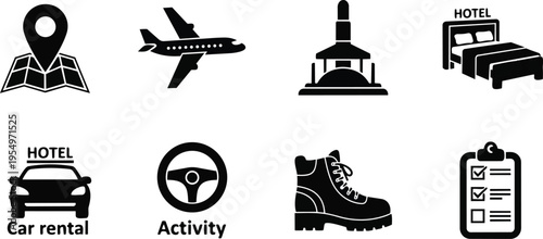 Vector icons travel activity set for coloring book featuring map pin airplane mosque hotel bed car rental steering wheel hiking boot checklist in simple line art