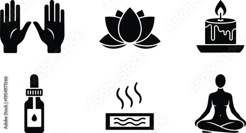 Minimalist icon set close up spa wellness symbols hands lotus candle oil bottle sauna steam meditating figure simple outlines for coloring book black line art flat