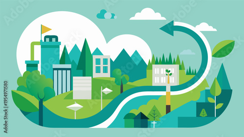 Eco-friendly sustainable city with circular economy arrow, flat vector illustration of green urban planning, renewable energy and recycling concept.