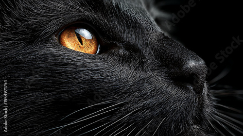Black cat close up with amber eye and detailed fur, dramatic cinematic mood