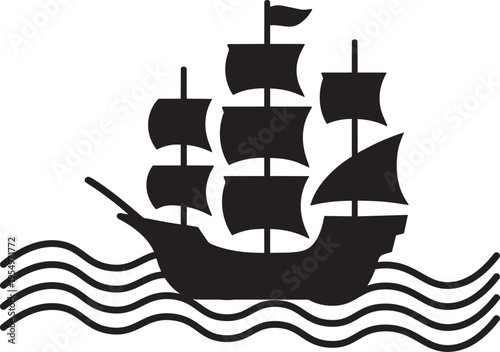 Black Silhouette of a Sailing Ship on Wavy Water on White Background with Tall Ship