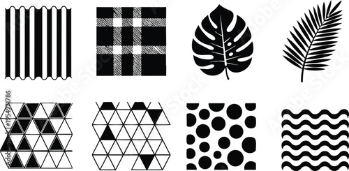 Minimalist vector flat design black leaf and geometric pattern set for coloring book close up top view repeating motifs outline