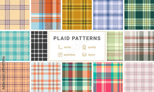 Plaid pack for layered seasonal projects. Multiple tartan patterns create variety for summer clothing, decor, and crafts. Vector scalability supports large formats.
