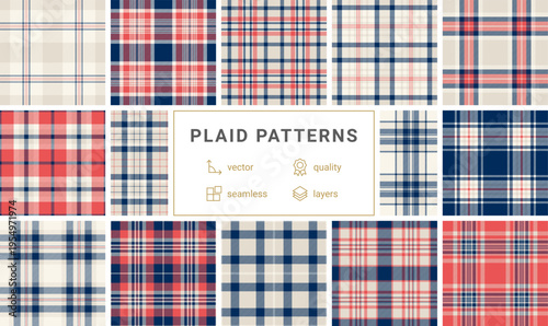 Timeless red, navy blue, and beige plaid pattern. This seamless textile design offers a preppy, classic look for fashion apparel, home decor, backgrounds, and creative branding projects.