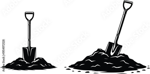 Bold black silhouette garden tools stand upright in mounds of dark soil on a plain white ground