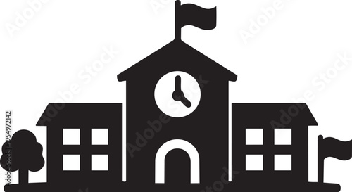 Black Silhouette Icon of a School Building with Clock Tower and Flags on White Background with Education Icon