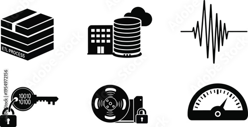 Minimalist icon set for coloring book showing server database building data lake etl key security drive speed gauge waveform close up simple line art bold outlines