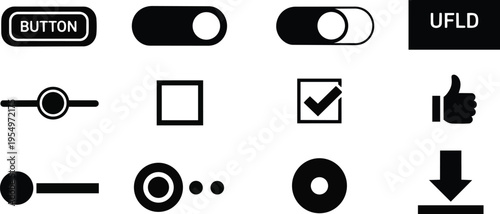 Vector icon set for coloring book simple ui controls switches buttons sliders checkboxes radio knobs toggle thumbs up thumbs down download minimal flat line outline art